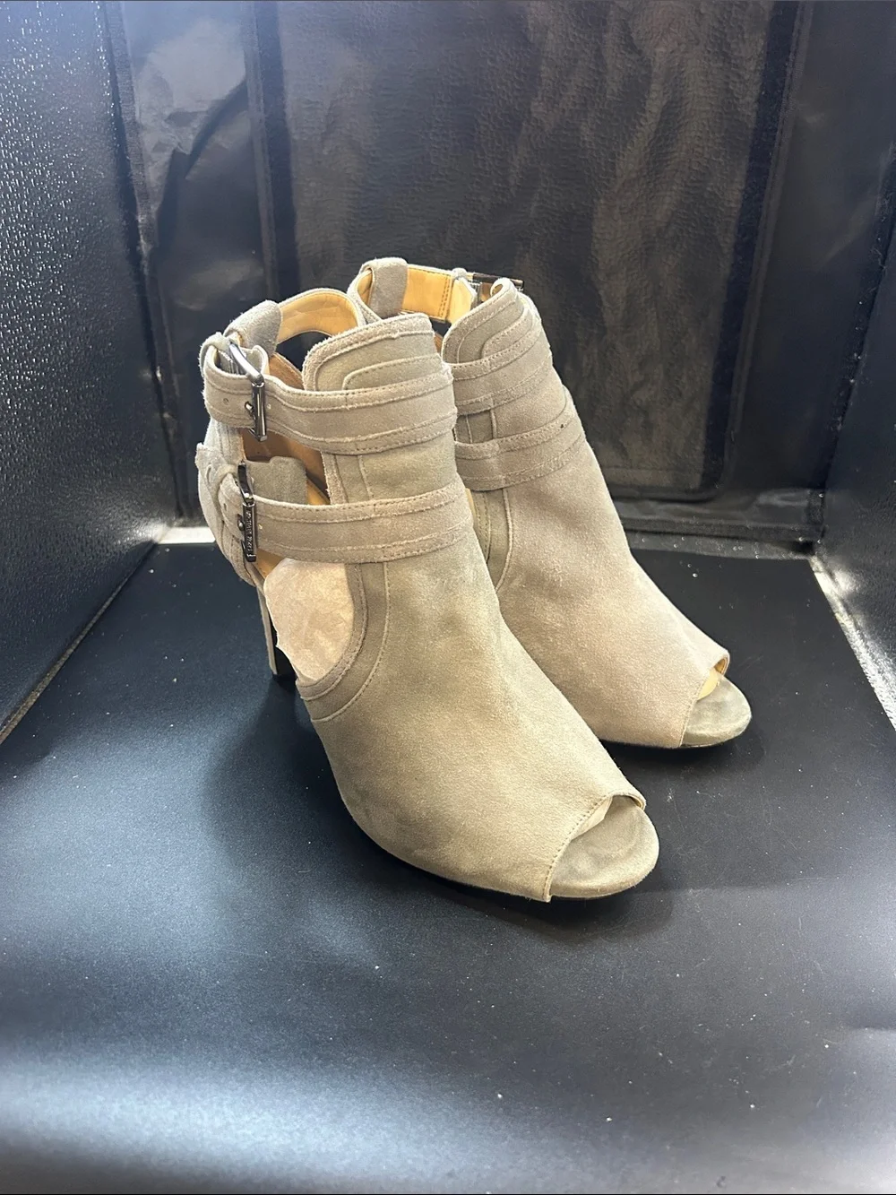 Michael Kors Taupe Suede Peep-Toe Buckle Mules